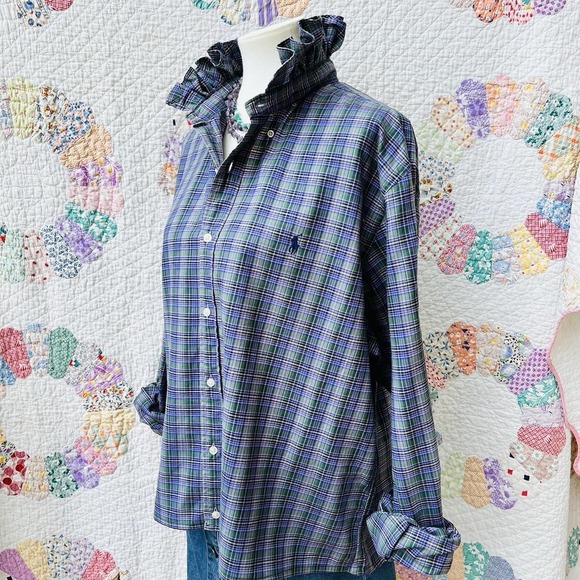 Ralph Lauren Tops - Upcycled Dark Academia Ralph Lauren Slim Fit Purple Green Plaid Ruffle Collar XL
